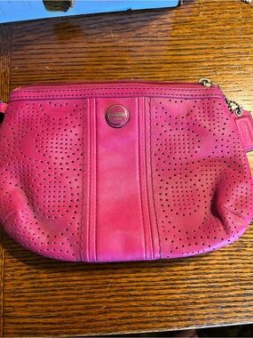COACH Hot Pink Perforated Leather Wristlet Clutch